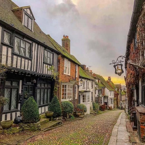 A street in Rye with the sun setting