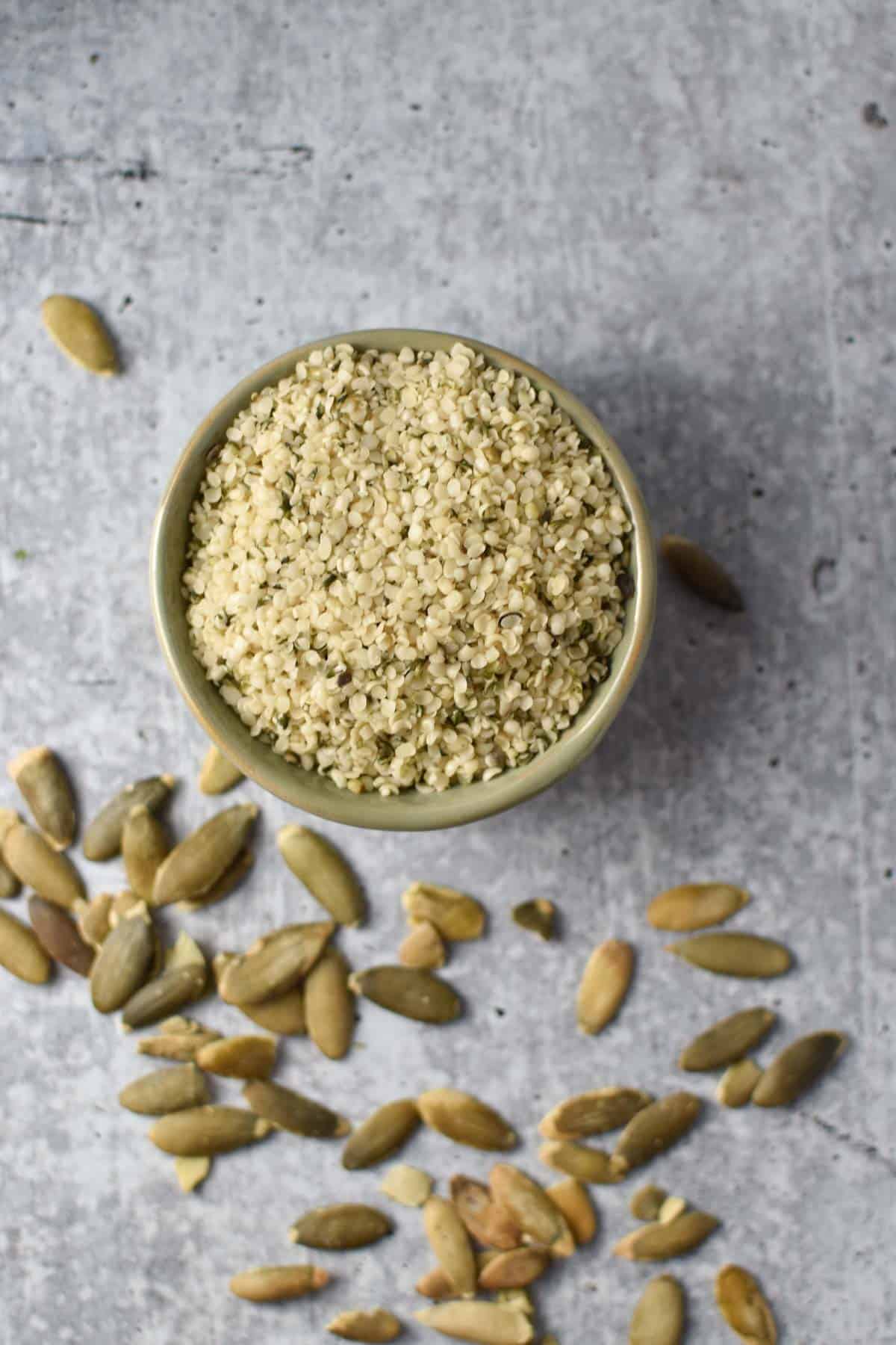 Hemp seeds in a bowl with pepitas.