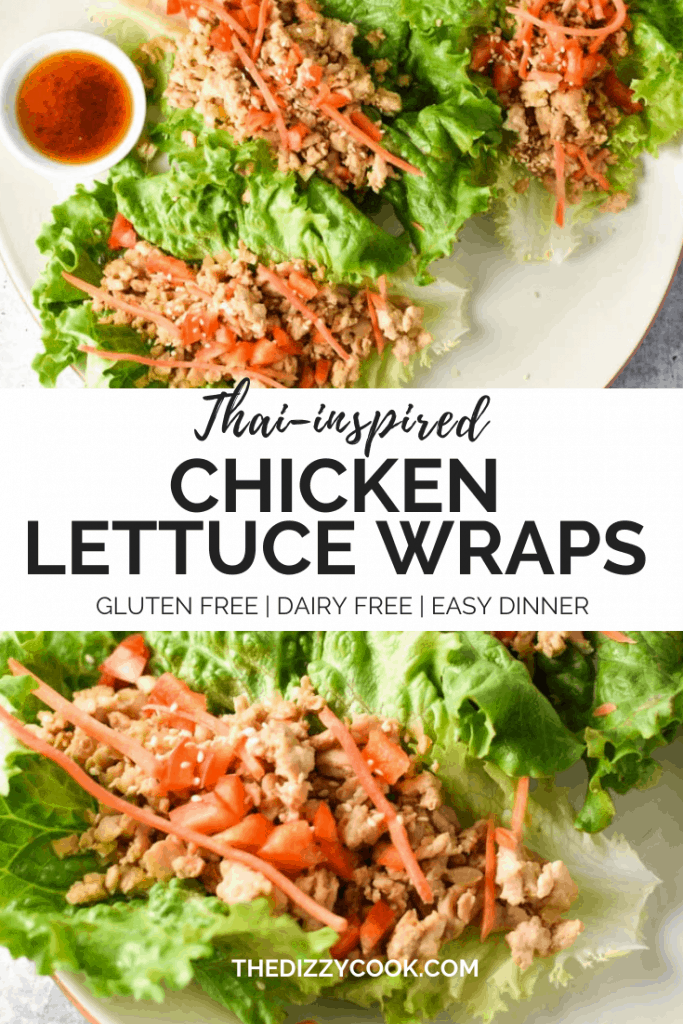 Lettuce wraps with chicken on a plate next to two dipping sauces
