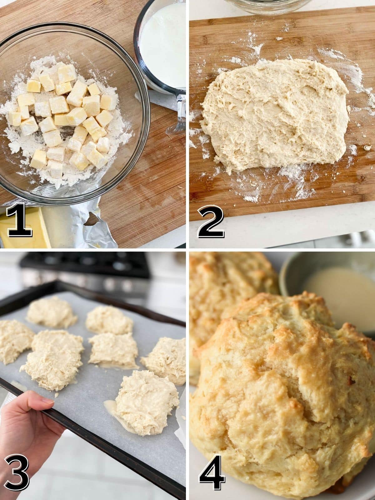Step by step pictures showing cold butter into dough, forming dough into biscuits, dropping biscuits on to a tray and baking.