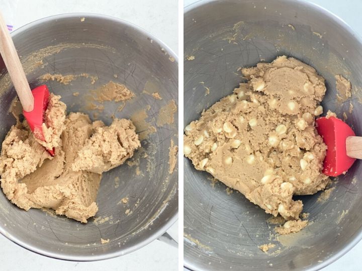 Cookie dough being mixed with a spatula and then a shot of the white chocolate chips being added