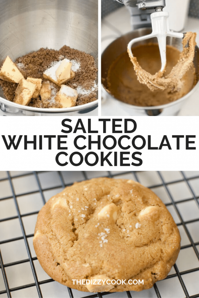 Two process shots of mixing cookie batter and a final shot of a white chocolate chip cookie with sea salt on top