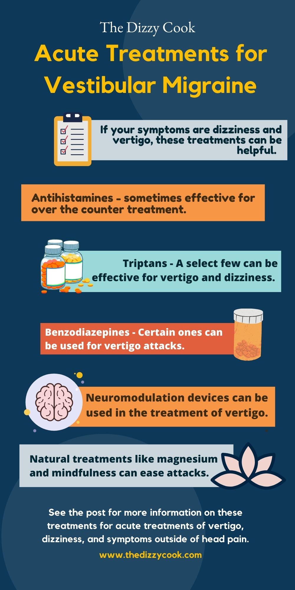 A list of all the treatments for vestibular migraine symptoms like vertigo.