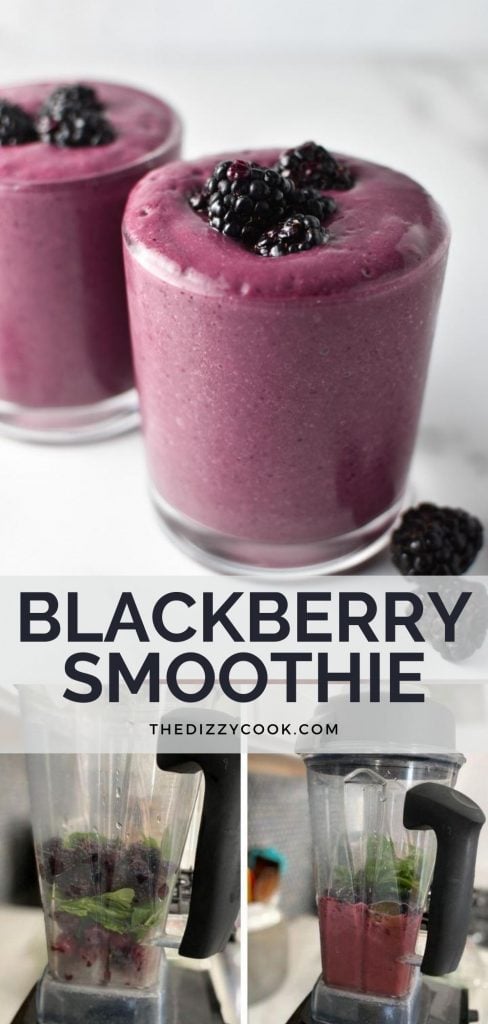 Two blackberry smoothies next to each other with fresh blackberries scattered next to the glasses
