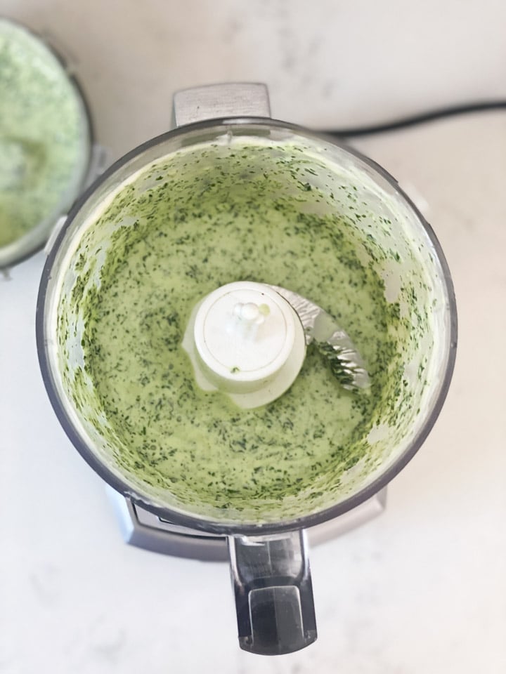 A creamy cilantro sauce just whipped in a small food processor