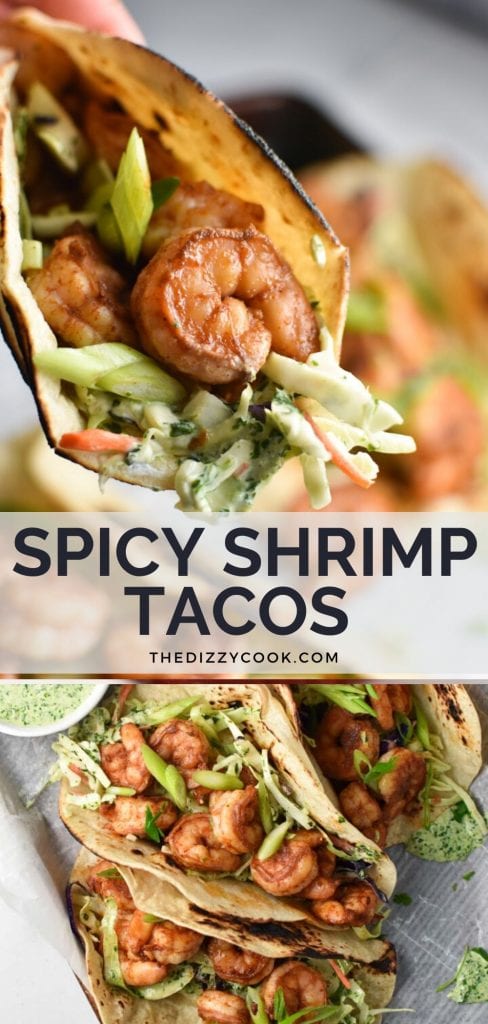 Two pictures of shrimp tacos with cilantro slaw