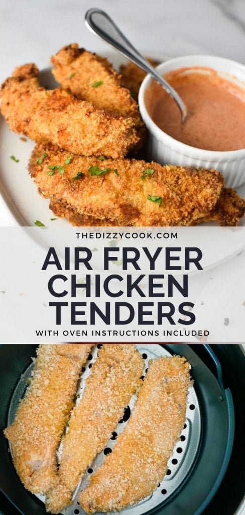 Two pictures of air fryer chicken tenders - one in the instant pot and the other on a plate with dipping sauce