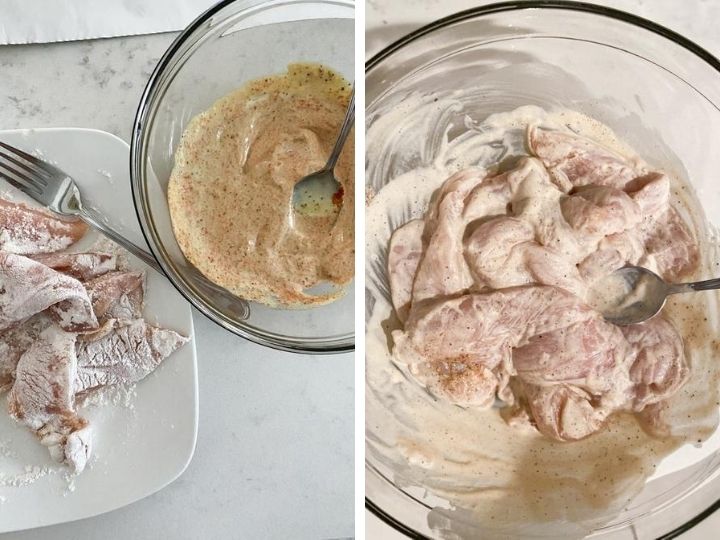 Egg free chicken tenders in flour and then dipped into a mayonnaise and mustard mixture.