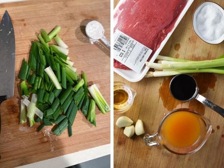 Two images of mongolian beef ingredients, one with cut green onions and the other with coconut aminos, broth, and flank steak