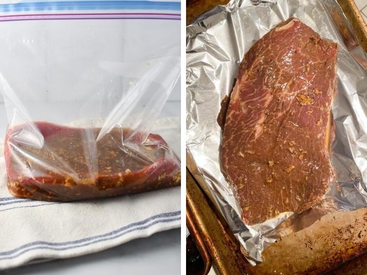 Mongolian beef marinade and a steak after being marinated on a sheet pan