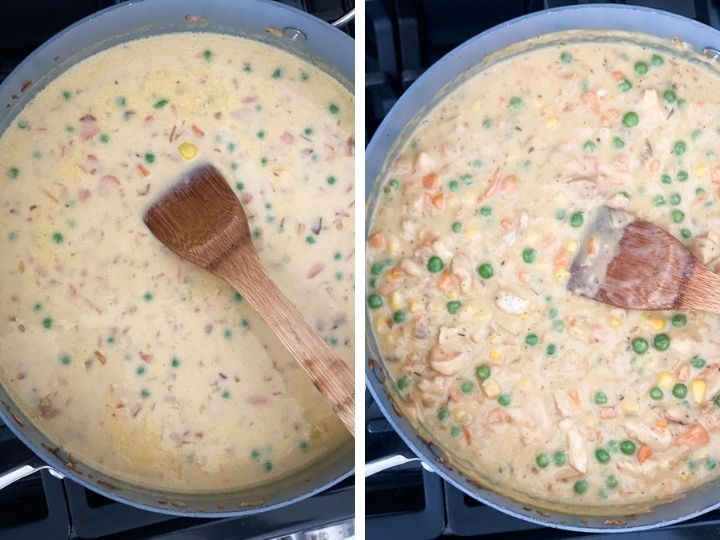 Two instructional photos of the chicken pot pie filling being thickened in a pan