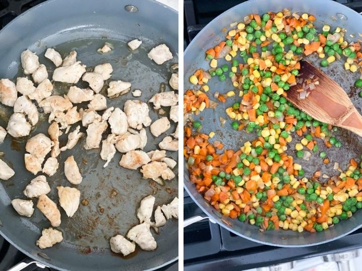 Chicken and vegetables being cooked in a large pan