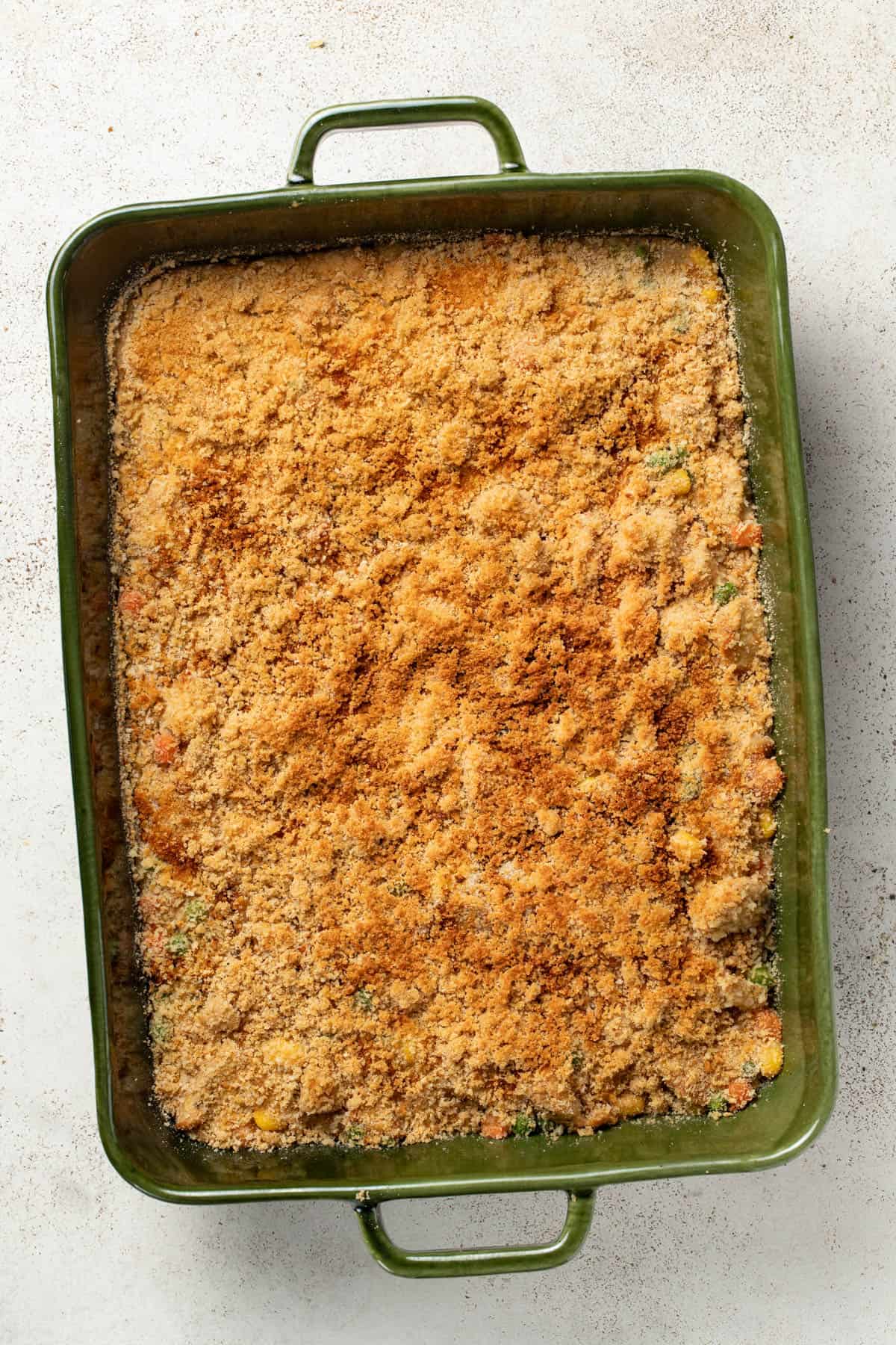 Chicken pot pie dish after browning the panko topping.