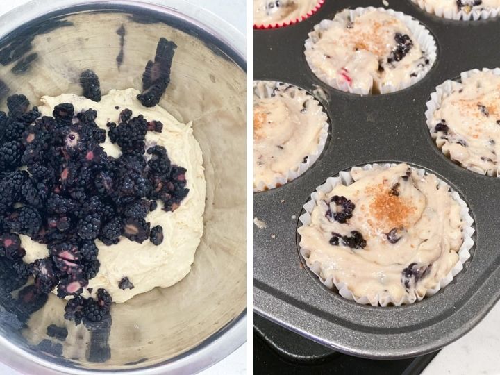 Blackberries being stirred into muffin batter and poured into a muffin tin