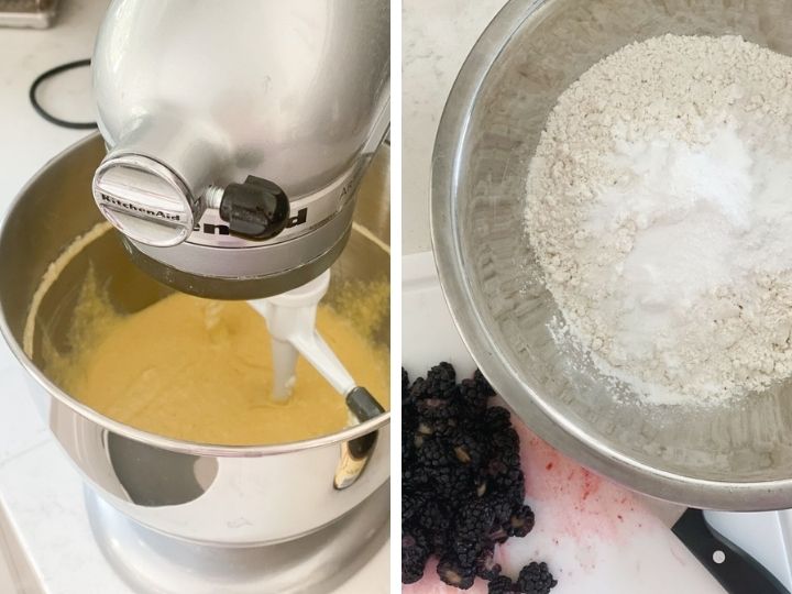 Wet muffin ingredients being mixed with a Kitchenaid mixer and dry ingredients being mixed in a separate bowl