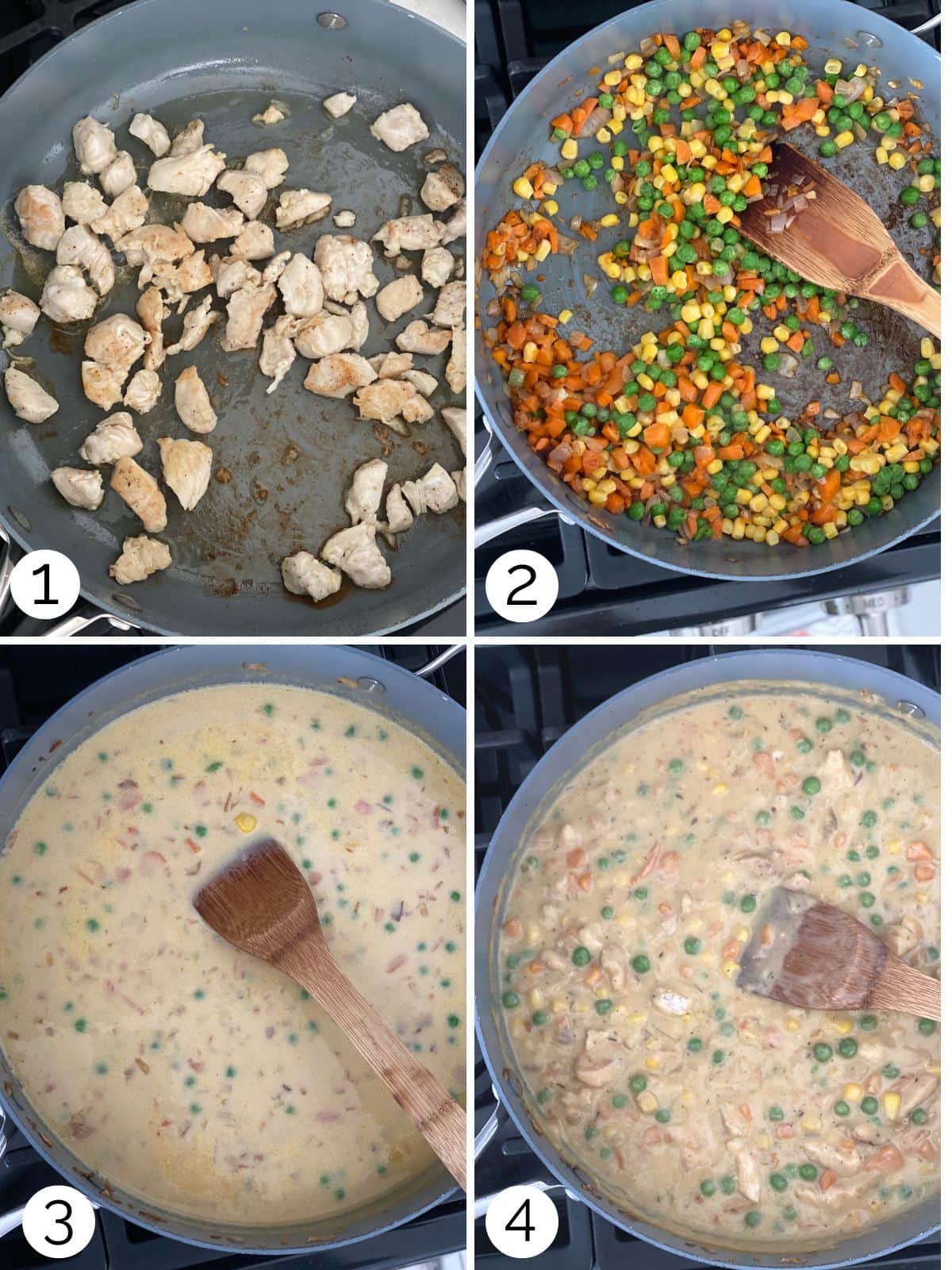 Instructional photos of the chicken pot pie filling being thickened in a pan.