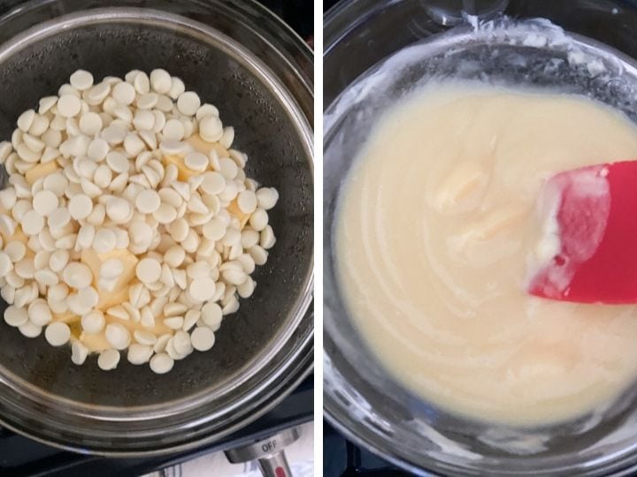 Two photos of white chocolate and butter being melted till creamy in a double boiler