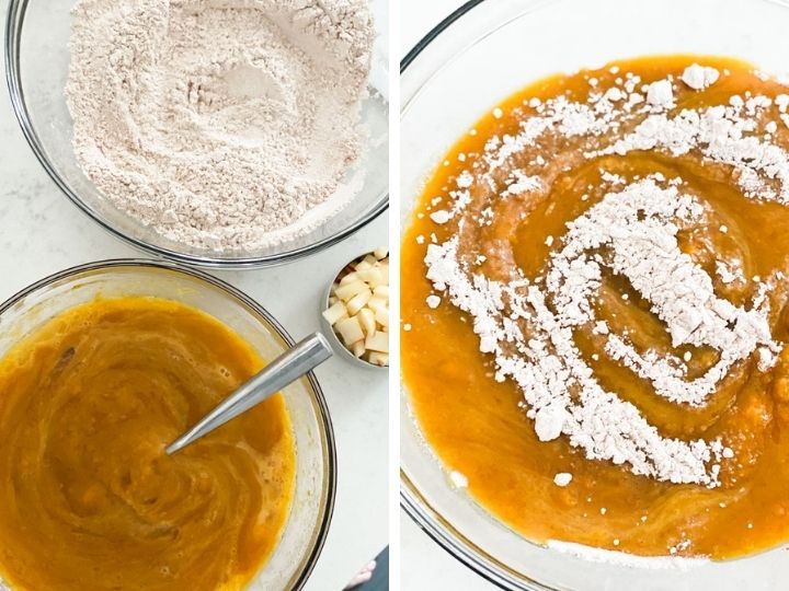 Mixing wet pumpkin ingredients into the dry ingredients for pumpkin bread