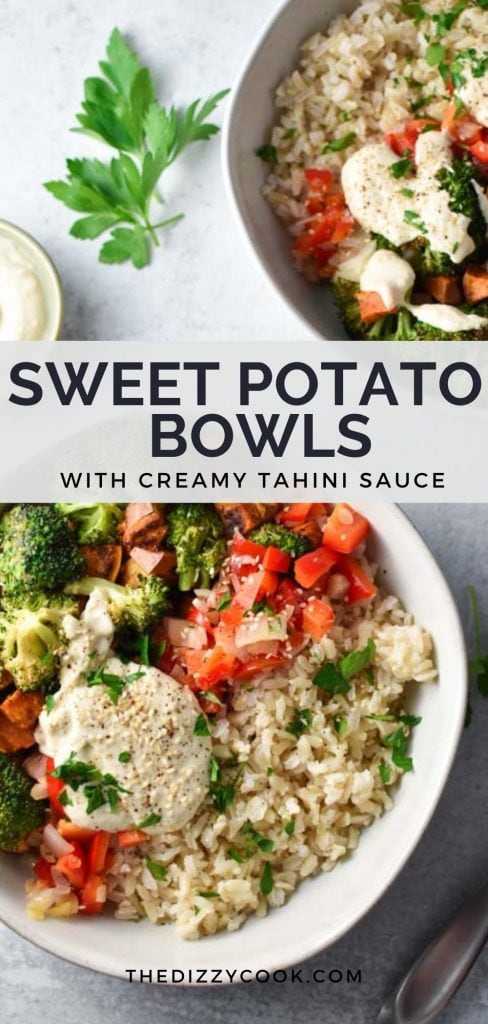 A sweet potato bowl with broccolini, peppers, and rice next to a creamy tahini dressing