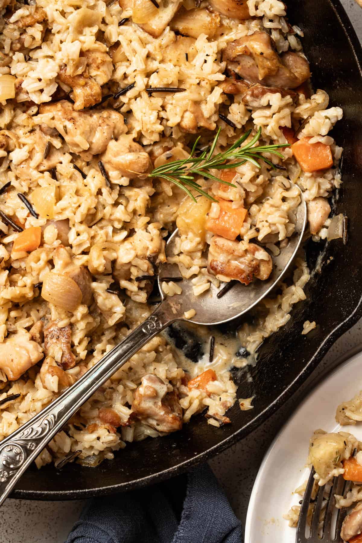 A close up shot showing the texture of the wild rice with the chicken thighs and dijon sauce.