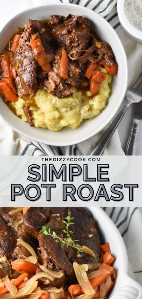 Pot roast in a bowl with potatoes and in a dutch oven cooker with vegetables