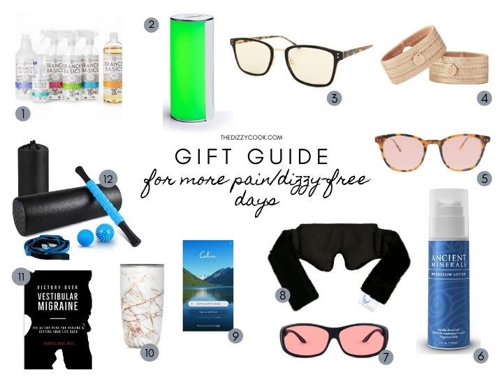 An infographic titled "gift guide for pain free days" with pics of gifts for migraine sufferers that are helpful for pain and vertigo attacks