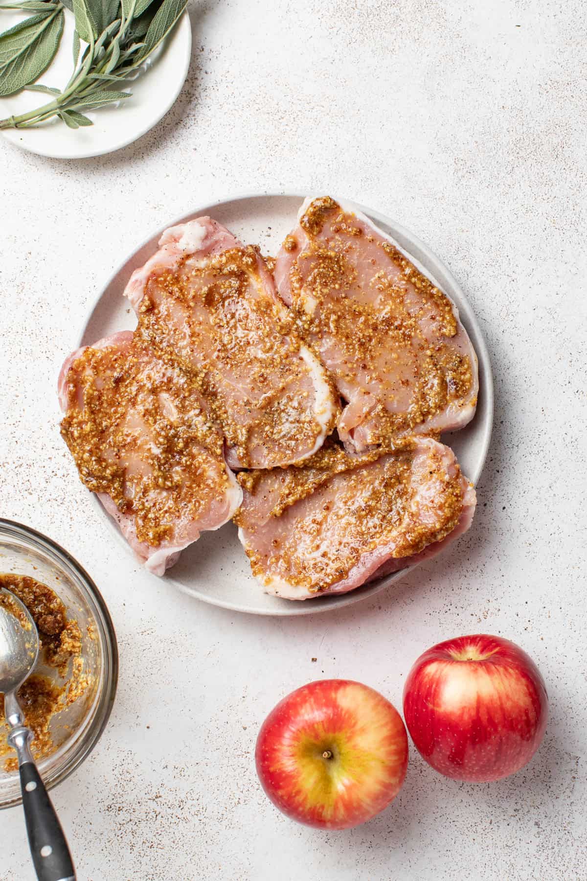 Pork chops coated with a dijon brown sugar glaze.