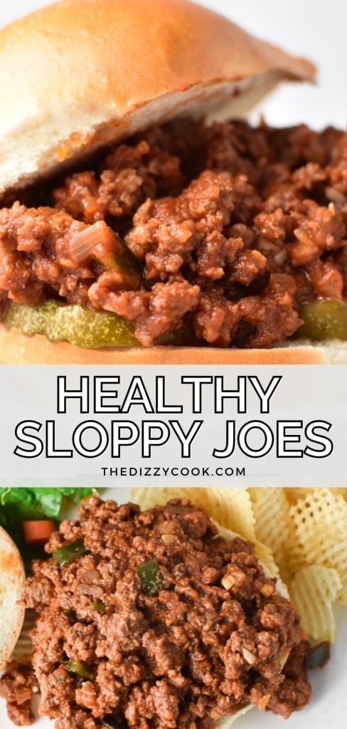 A healthy sloppy joe sandwich with pickles and chips