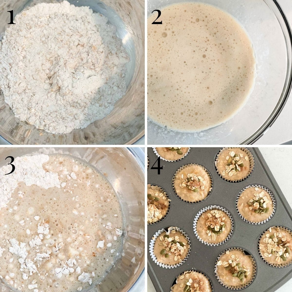 A step by step process of baking muffins, from mixing ingredients to filling the muffin tin.