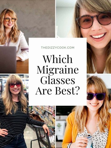4 pictures of a girl in different types of migraine glasses