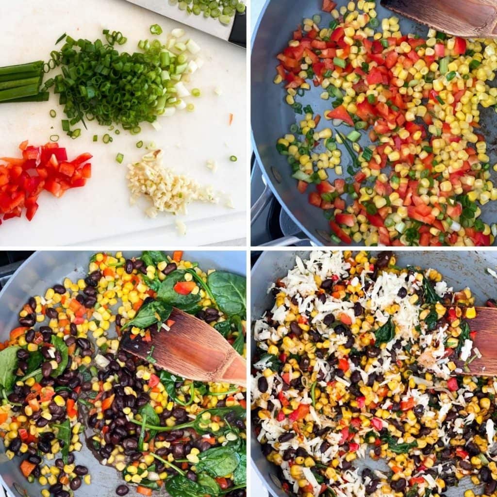 Chopping vegetables for egg roll filling, cooking them in a pan, mixing in spinach, and then cheese