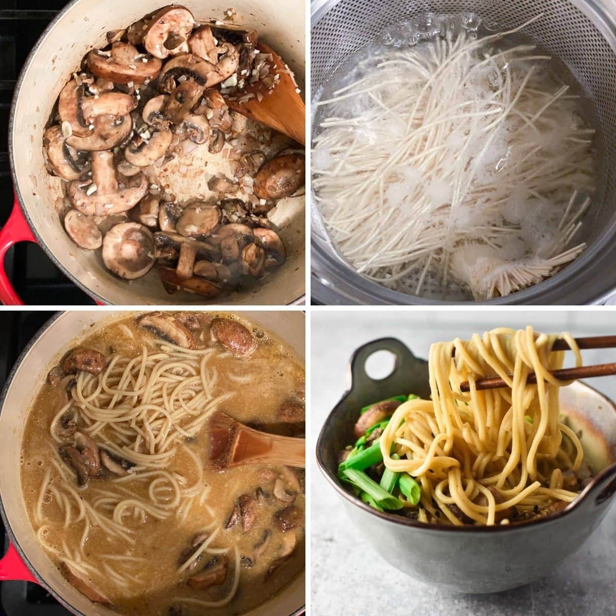 A 4 step process photo of cooking mushrooms, boiling ramen noodles, mixing in broth, and adding noodles