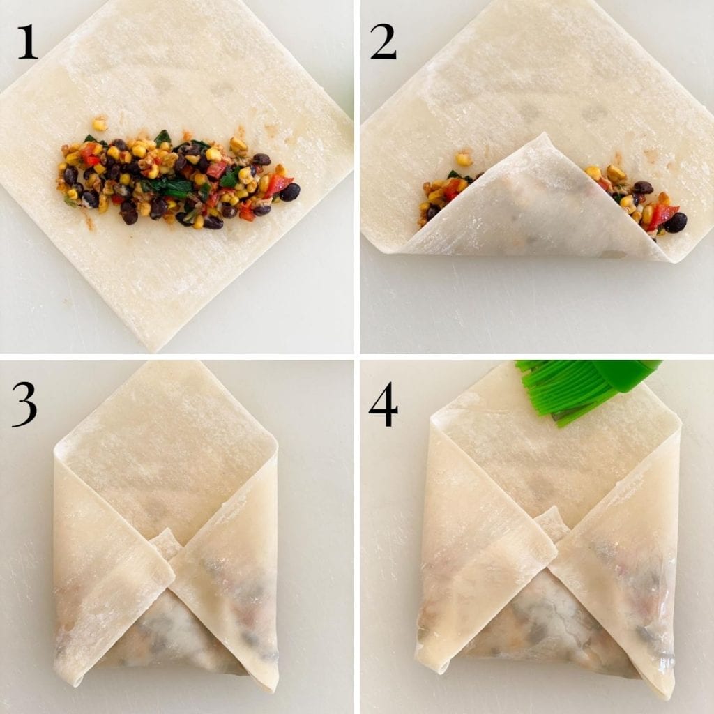 Four images showing how to roll an egg roll with southwestern filling