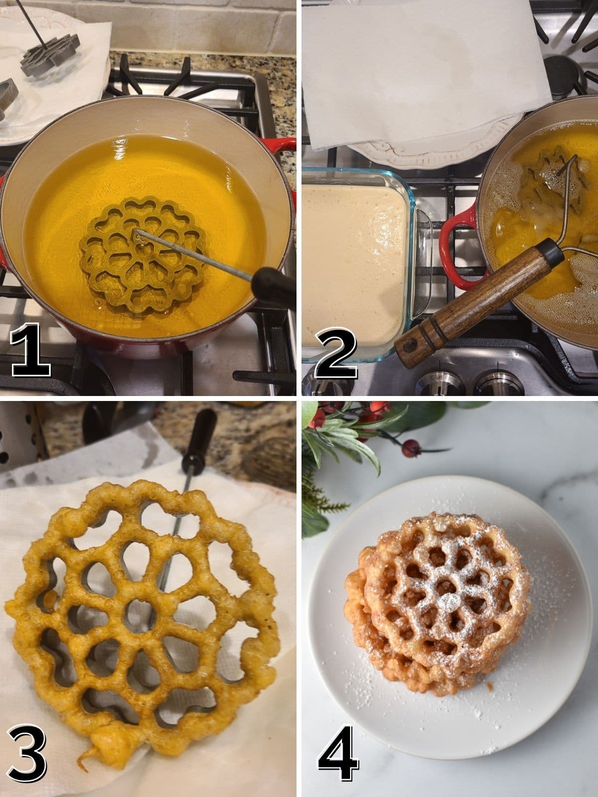 Step by step for frying rosette cookies by dipping iron into oil, then into batter, then frying in a pot.