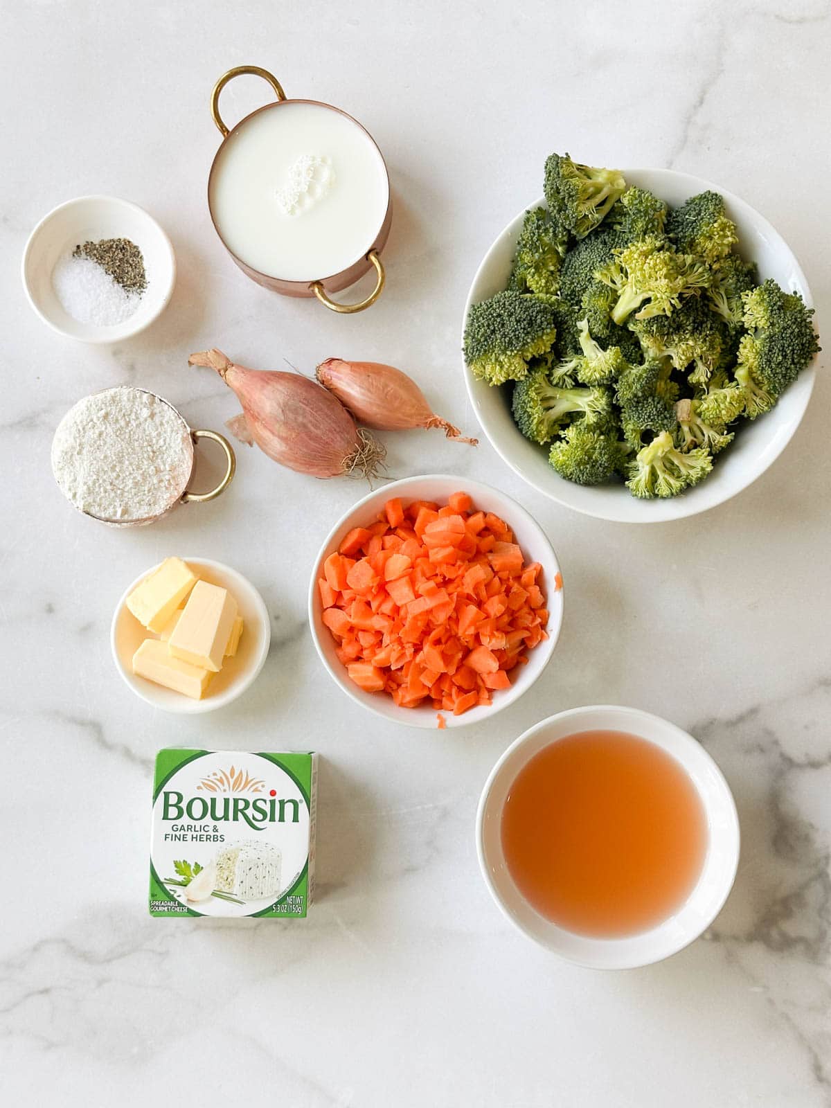Ingredients for broccoli cheese soup with boursin cheese.