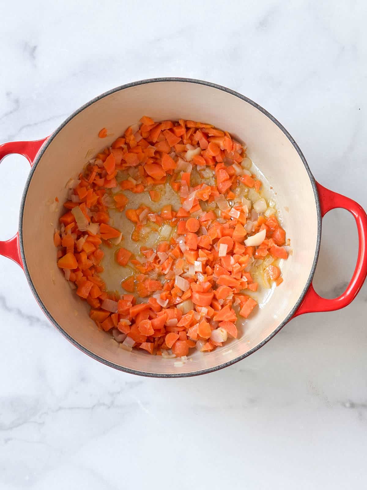 Cooking carrots and shallots together in a soup pot.