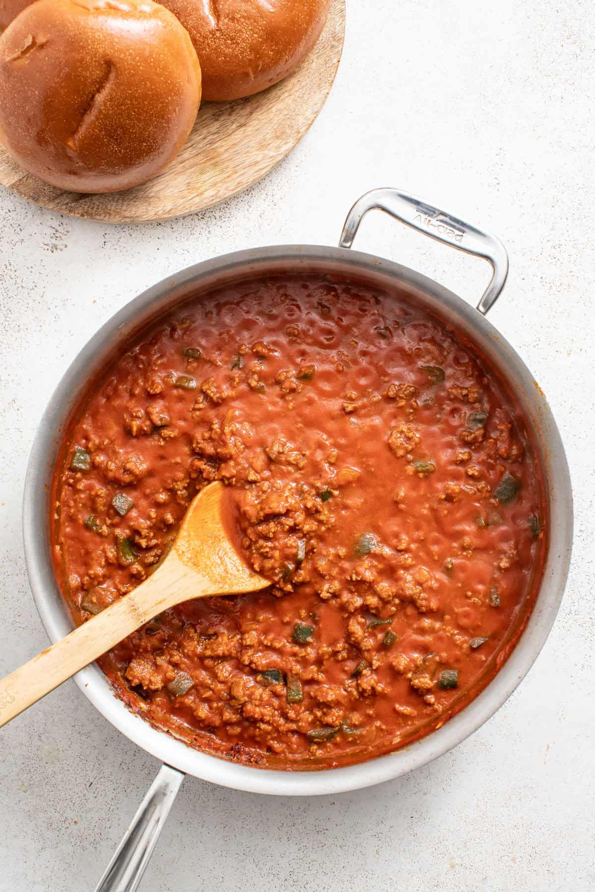 Sloppy joe filling in a homemade bbq sauce in a pan.