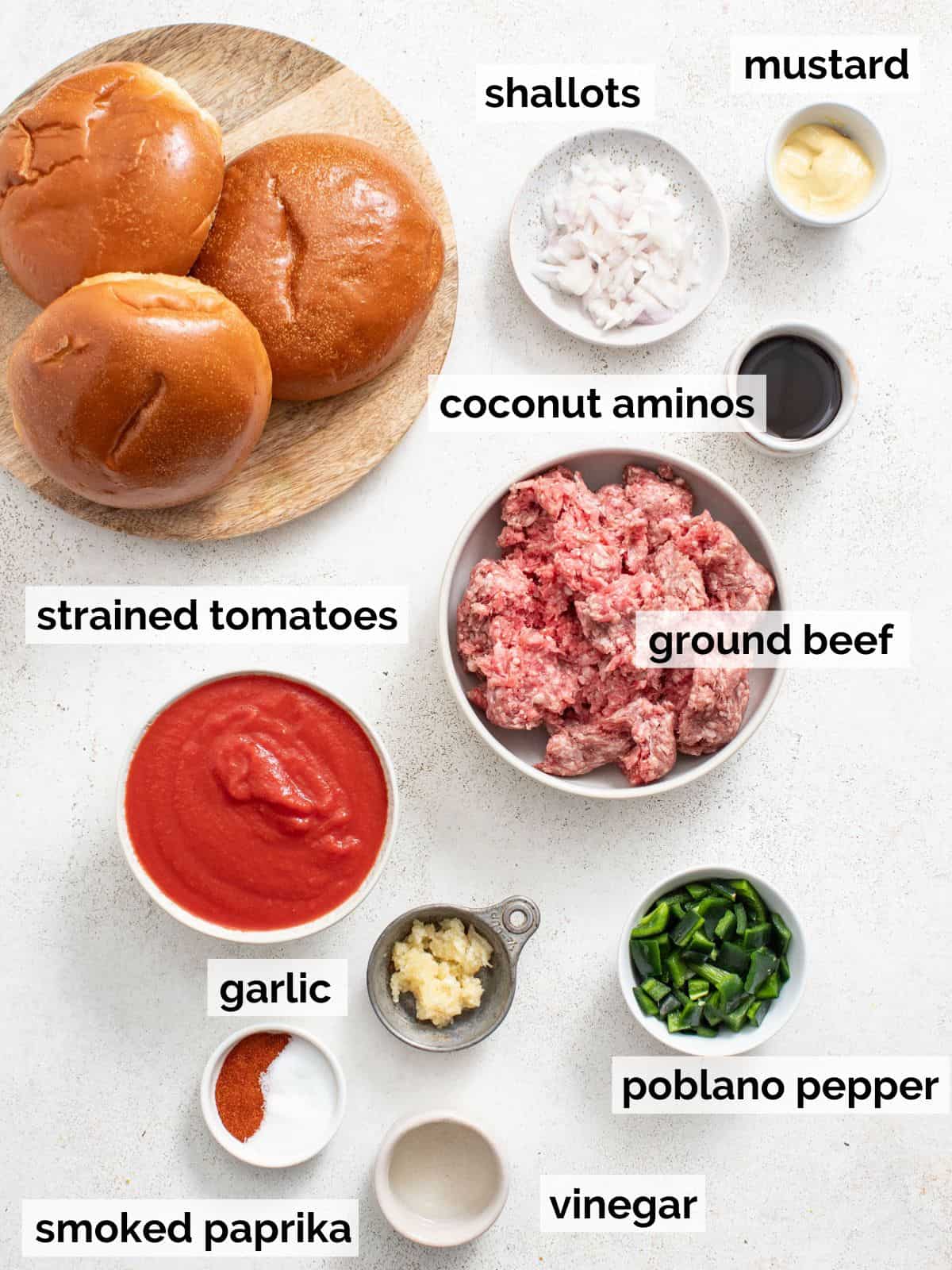 Ingredients for homemade sloppy joes on a white background.