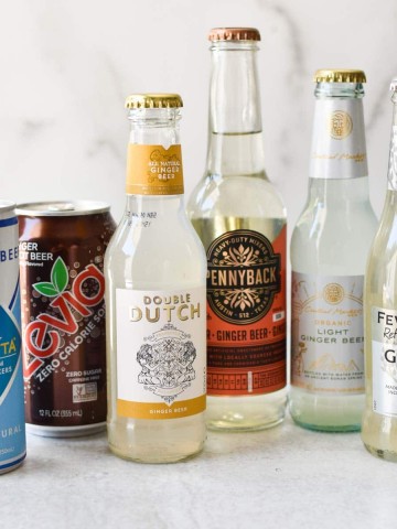 A line up of six different types of ginger beer - regatta, zevia, double dutch, pennyback, and fever tree