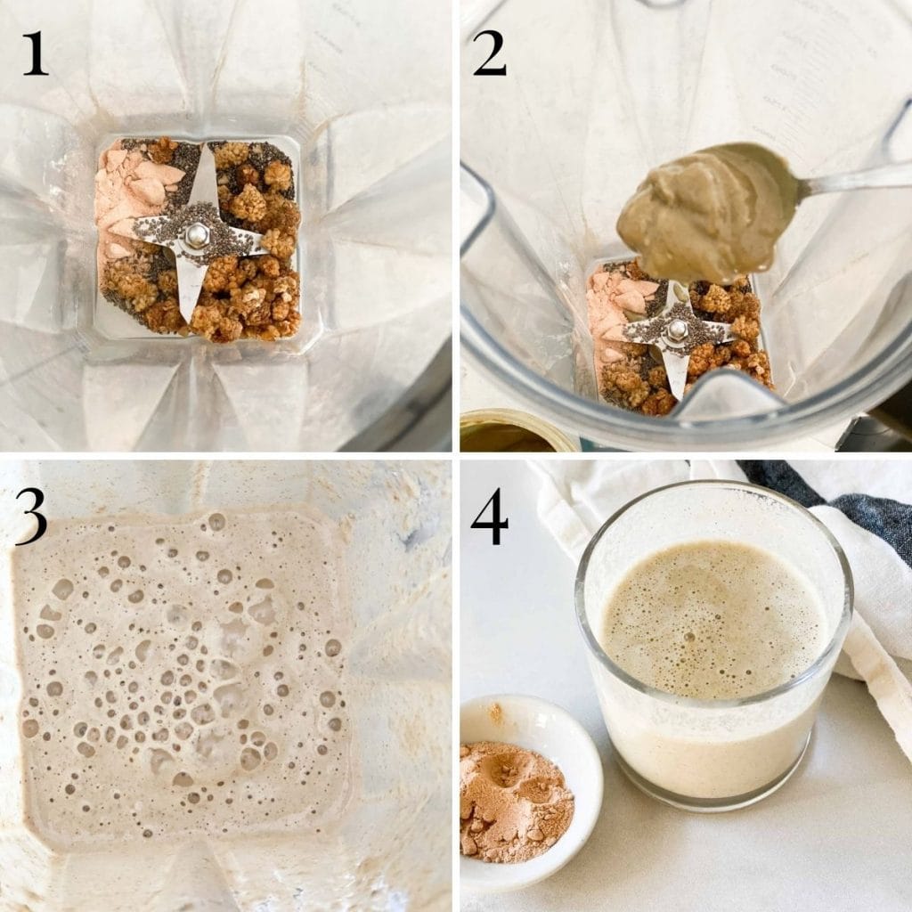 A step by step process of adding seeds to a smoothie and then blending