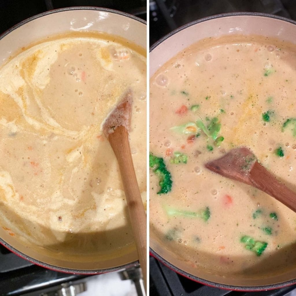 Stirring in broth, milk, and broccoli into a broccoli cheese soup