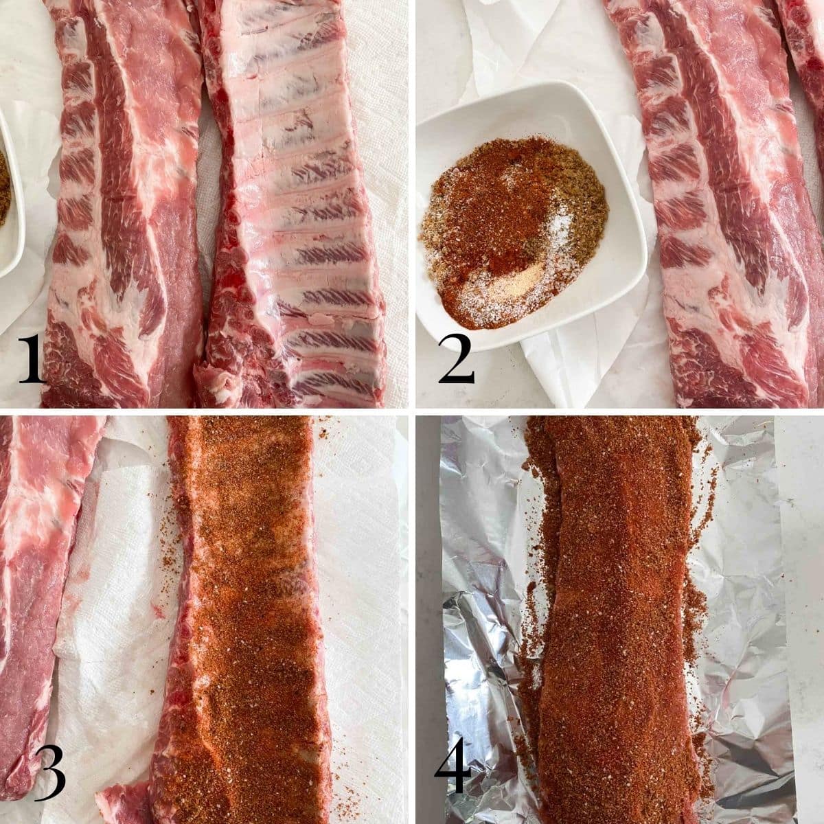 A step by step tutorial of putting dry rub onto a rack of baby back ribs