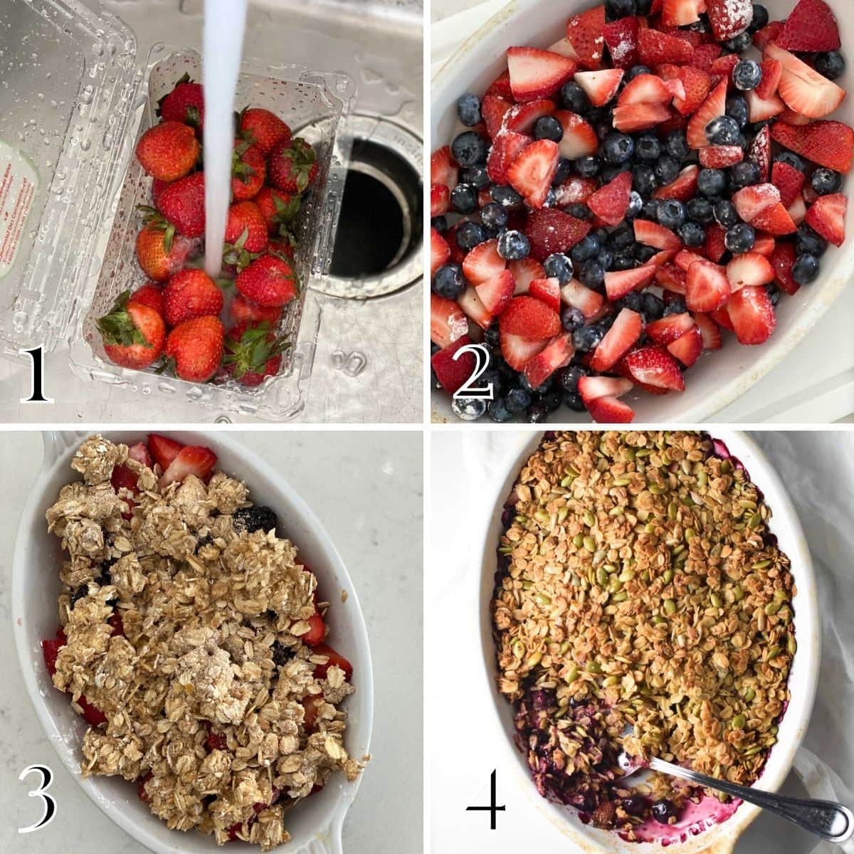 A step by step process for how to make a berry crisp from washing the strawberries, combining with blueberries, topping with oatmeal crumble and baking. 