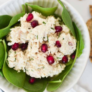 Chicken salad on a bed of spinach greens topped with pomegranate seeds