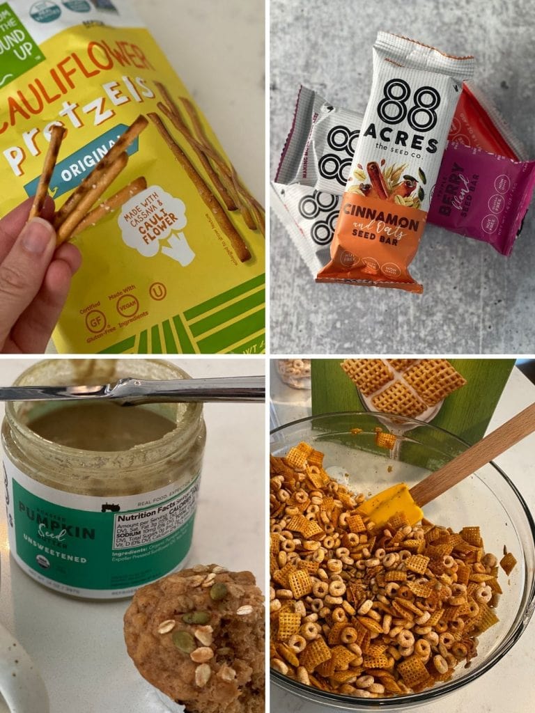 Four images of migraine diet snacks including preztels, chex mix, and seed bars