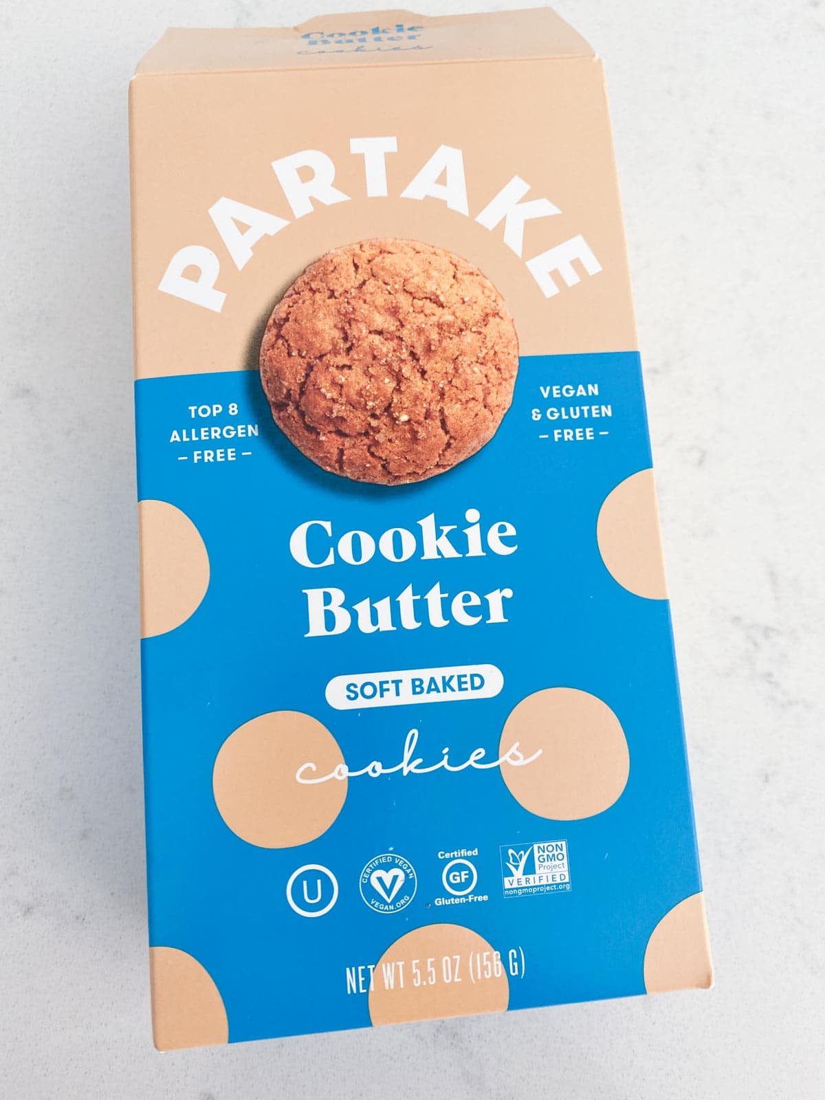 A partake cookie butter cookie box on a white table