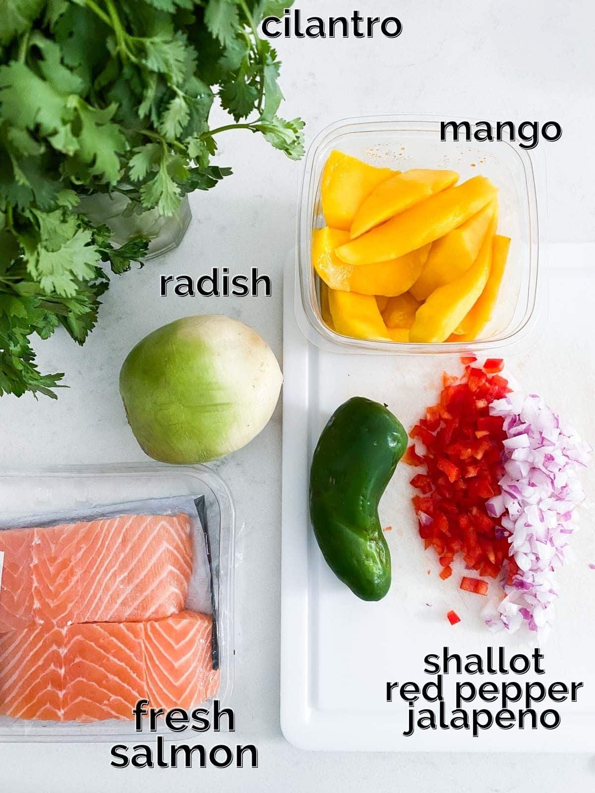 Ingredients for grilled salmon with mango salsa. 