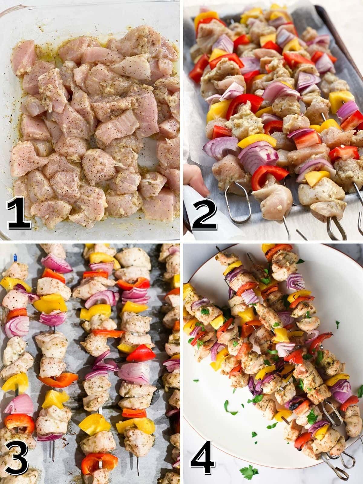 Process photos for how to make chicken kabobs in the oven from marinating meat to threading skewers.