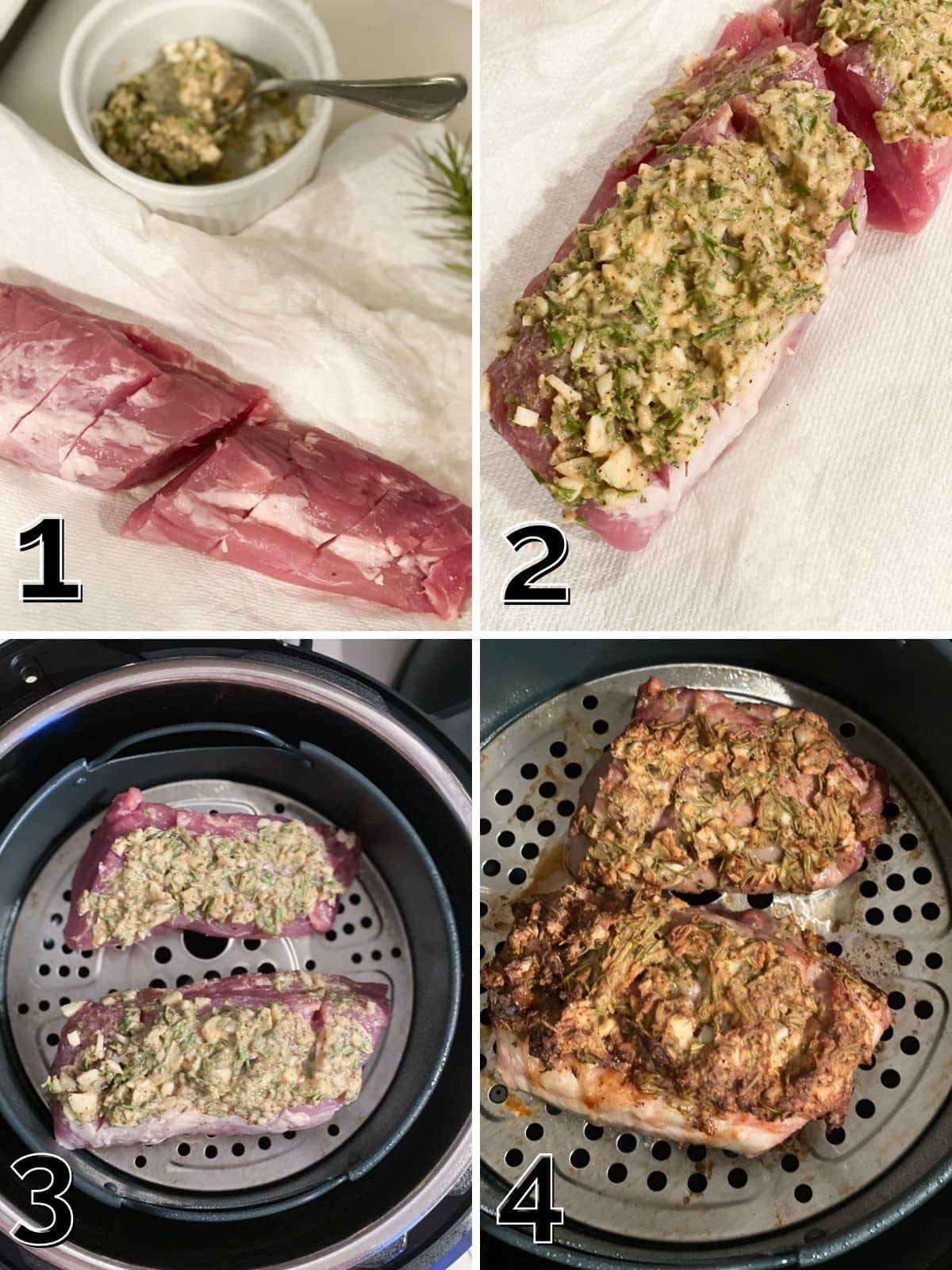 A step by step process of mixing the dijon sauce, applying it to the pork tenderloin, and air frying. 