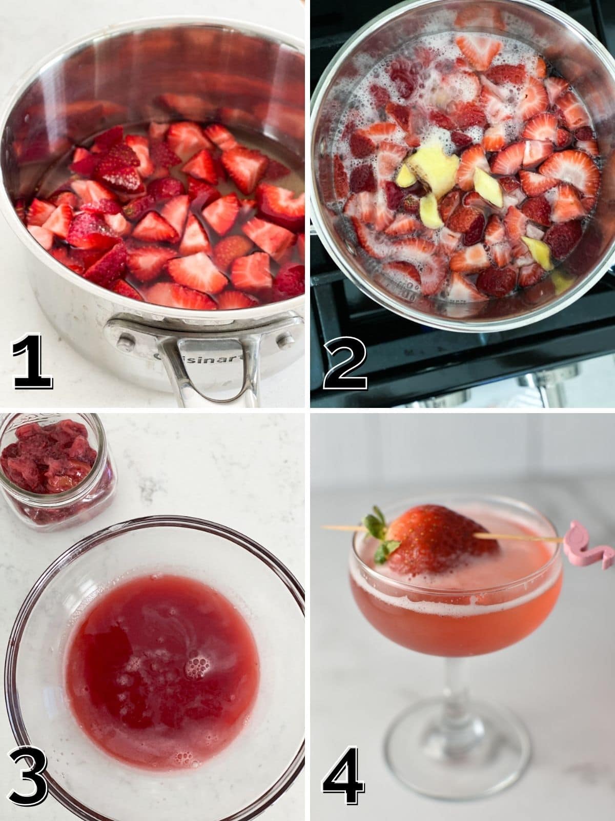 A step by step process of combining strawberries, sugar, and water, simmering them, and straining out the liquid to make syrup. 